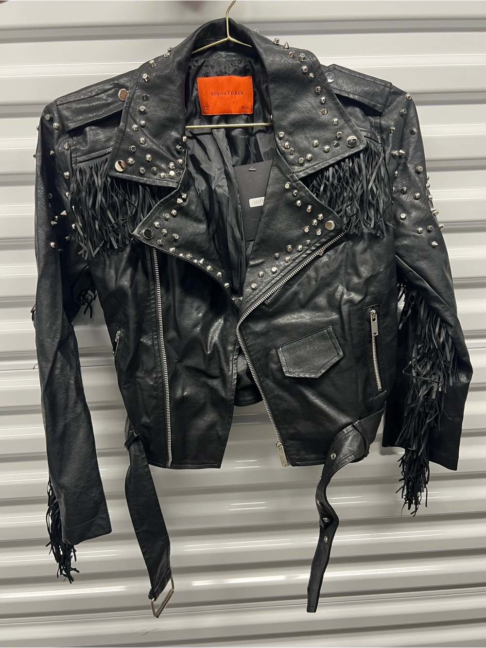 Signature Black Studded Fringe Leather Biker Jacket